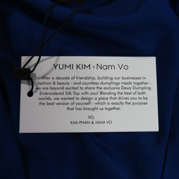 Yumi Kim Dewy Dumpling Silk Long Sleeve Chest Front Tie Blue Top Size Medium - Picture 6 of 8